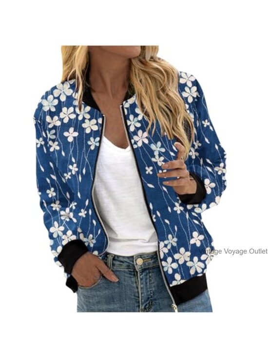 Jackets & Blazers - Women's Lightweight Polyester Floral Bomber Jacket Zip Up Long Sleeve